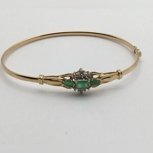 Vintage 10k Gold, Diamond & Emerald Bangle Bracelet